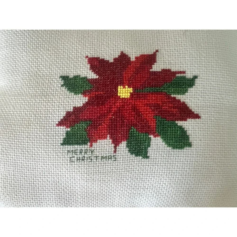 Cross Stitched Merry Christmas Poinsettia Throw Pillow Lace Ruffle Red Back VTG